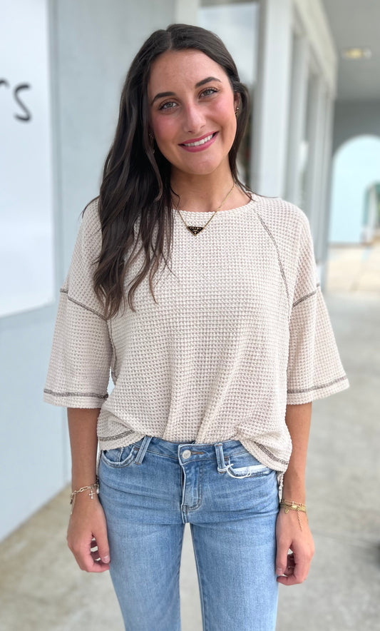 Oatmeal Waffle Knit Three Quarter Sleeve Top