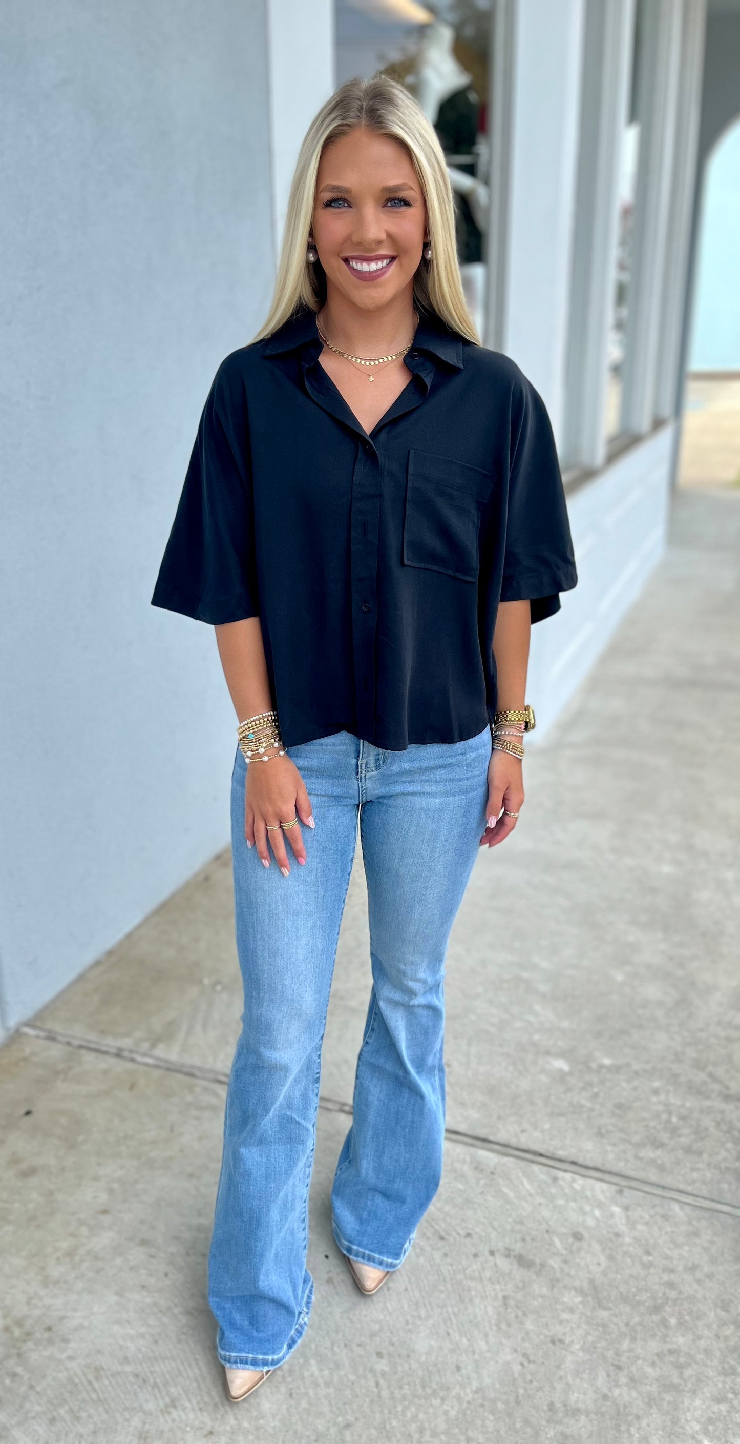 Black Button Down Pocket Chest Top