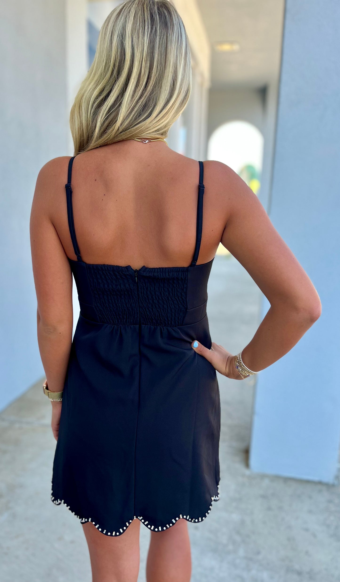 Rhinestone Scallop Edge Dress, Black