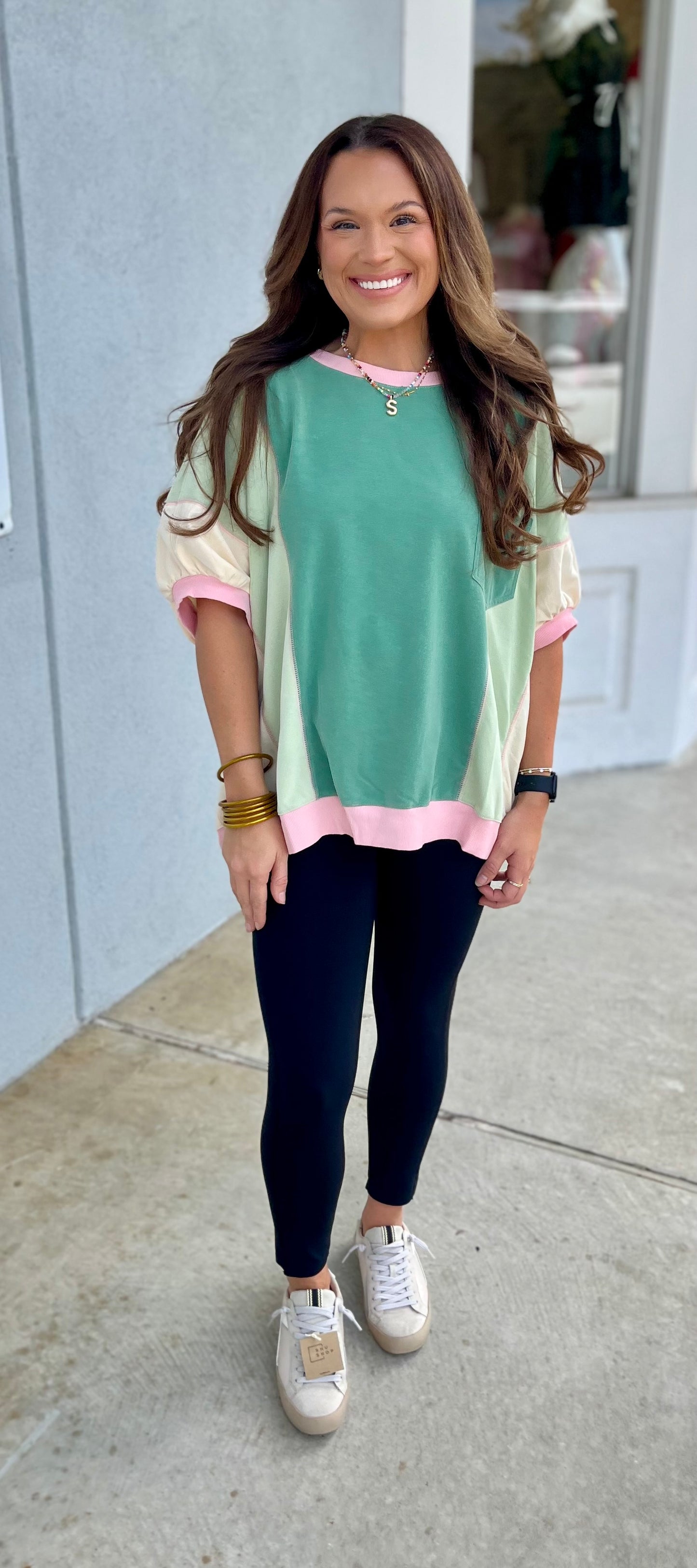 Short Sleeve Color Block Pullover , Sage