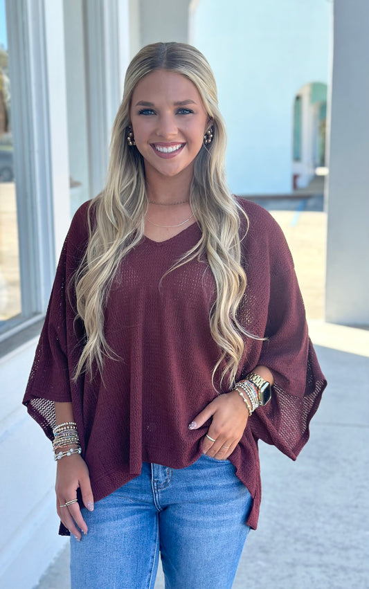 Burgundy V Neck Oversized Top