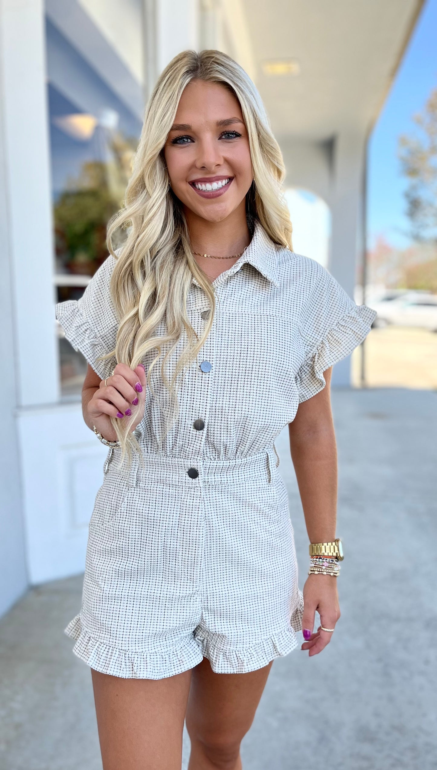 Ivory Gingham Corduroy Button Down Ruffle Romper