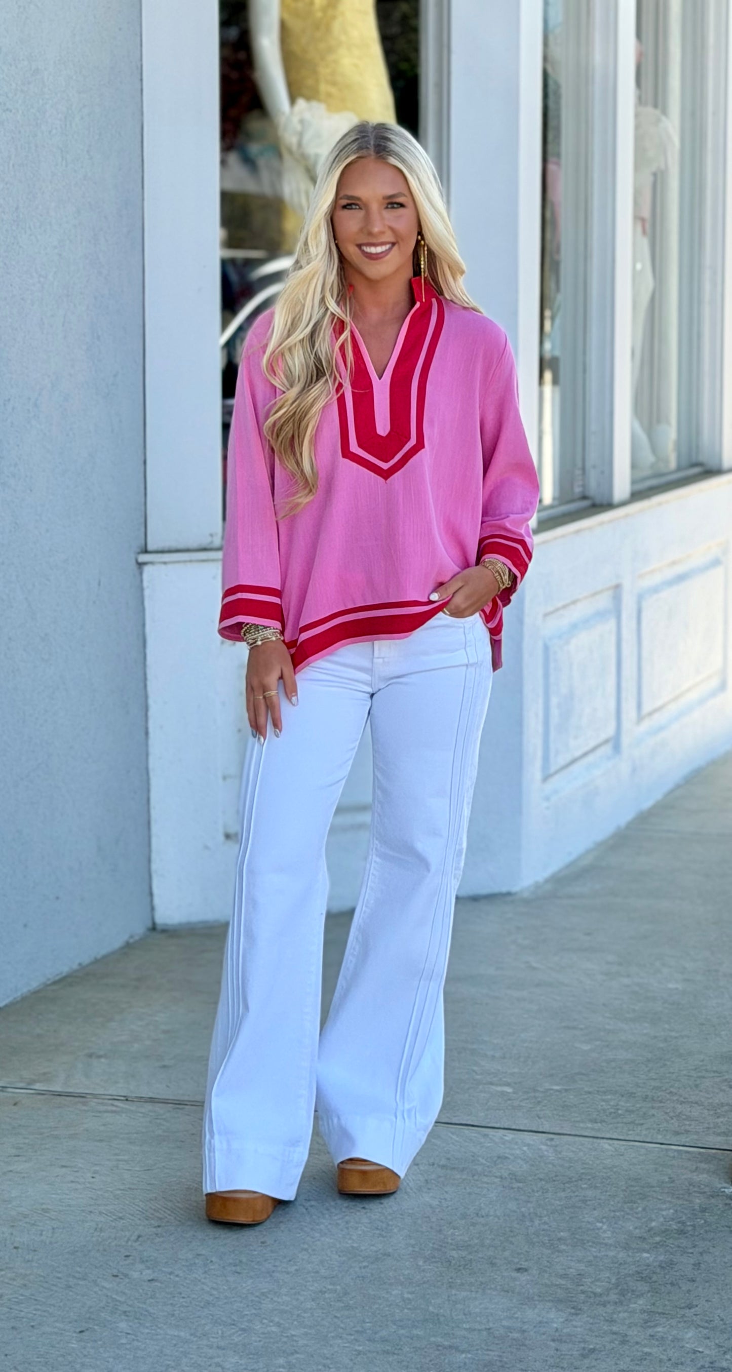 Pink/Red V Neck Border Top