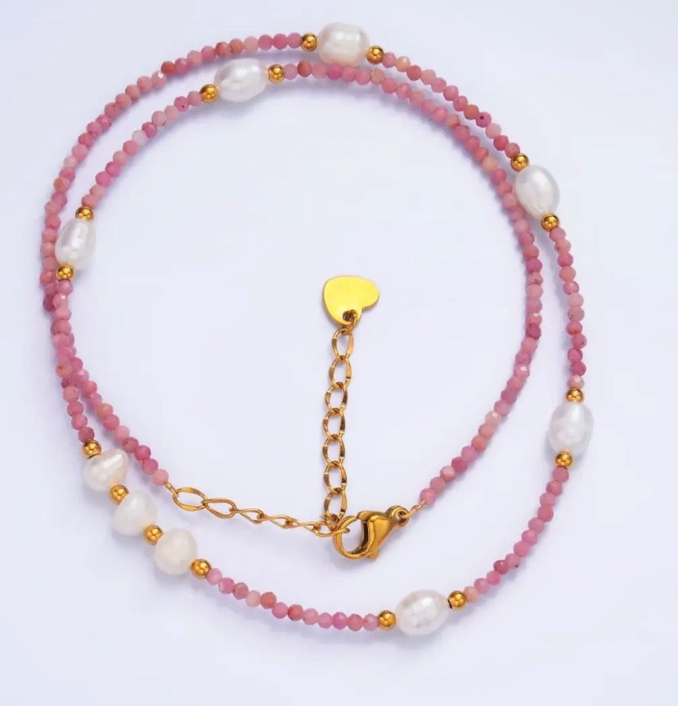 Stainless Steel Shell Pearl Pink Gemstones Natural Choker 15in