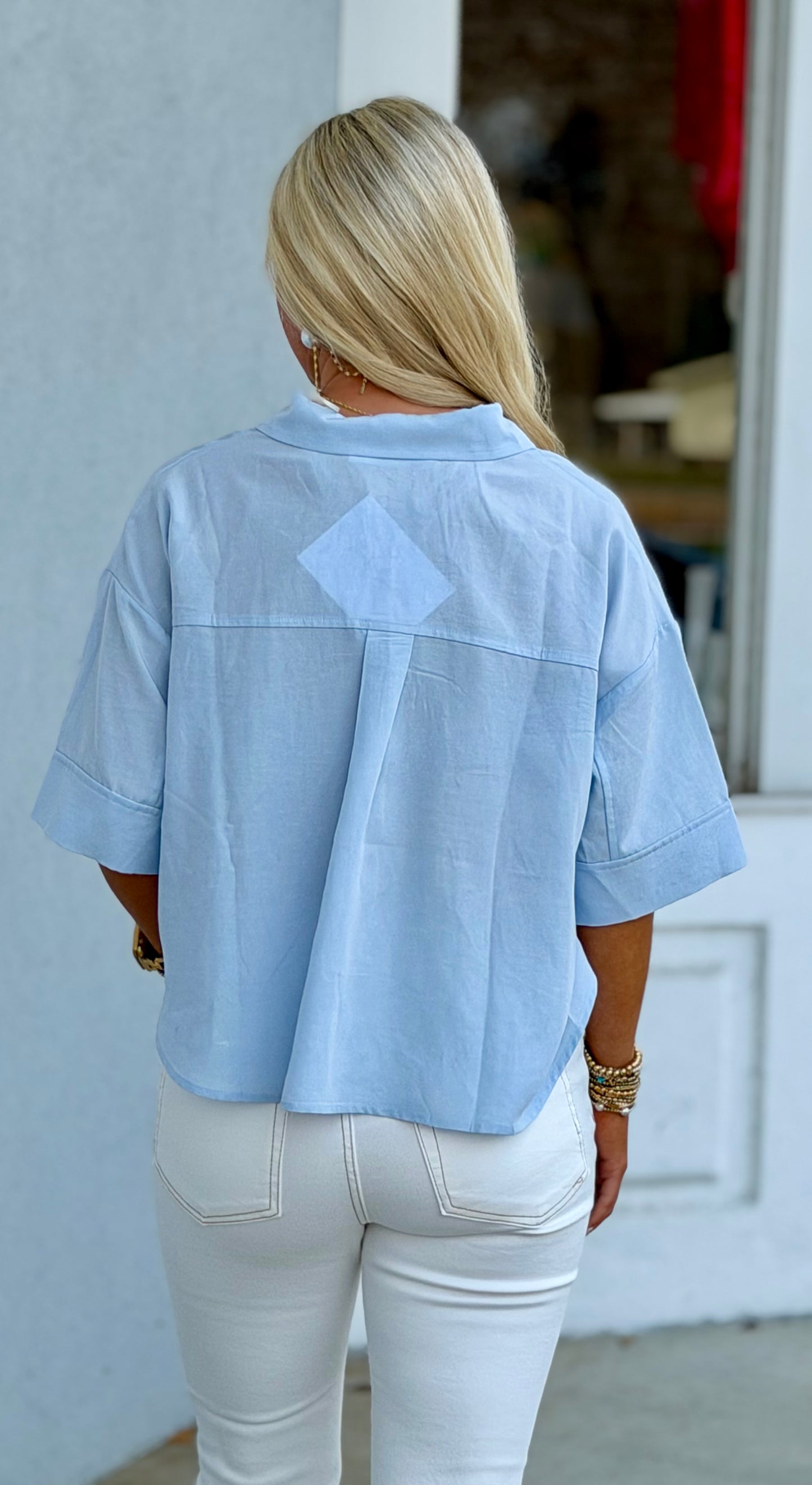 Collared Cropped Button Down Top, Ice Blue