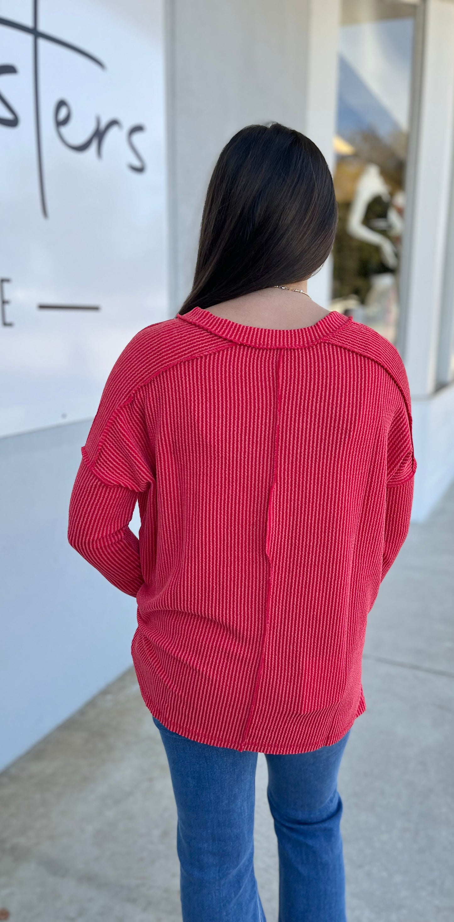Corded Rib Long Sleeve V Neck Top, Ruby