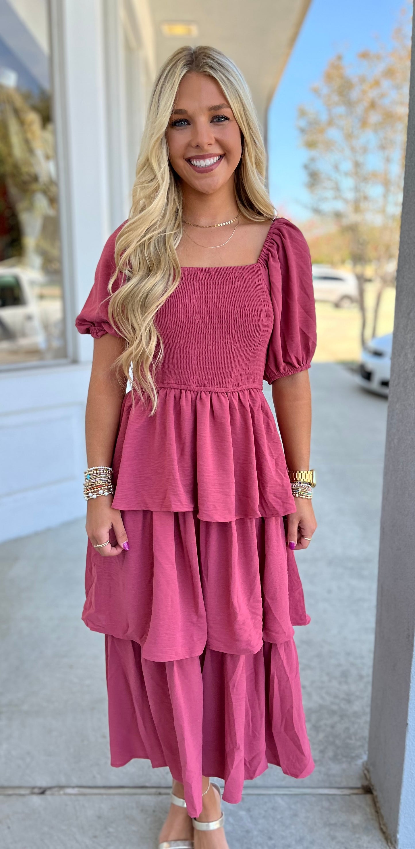 Mulberry Smocked Tiered Midi Dress