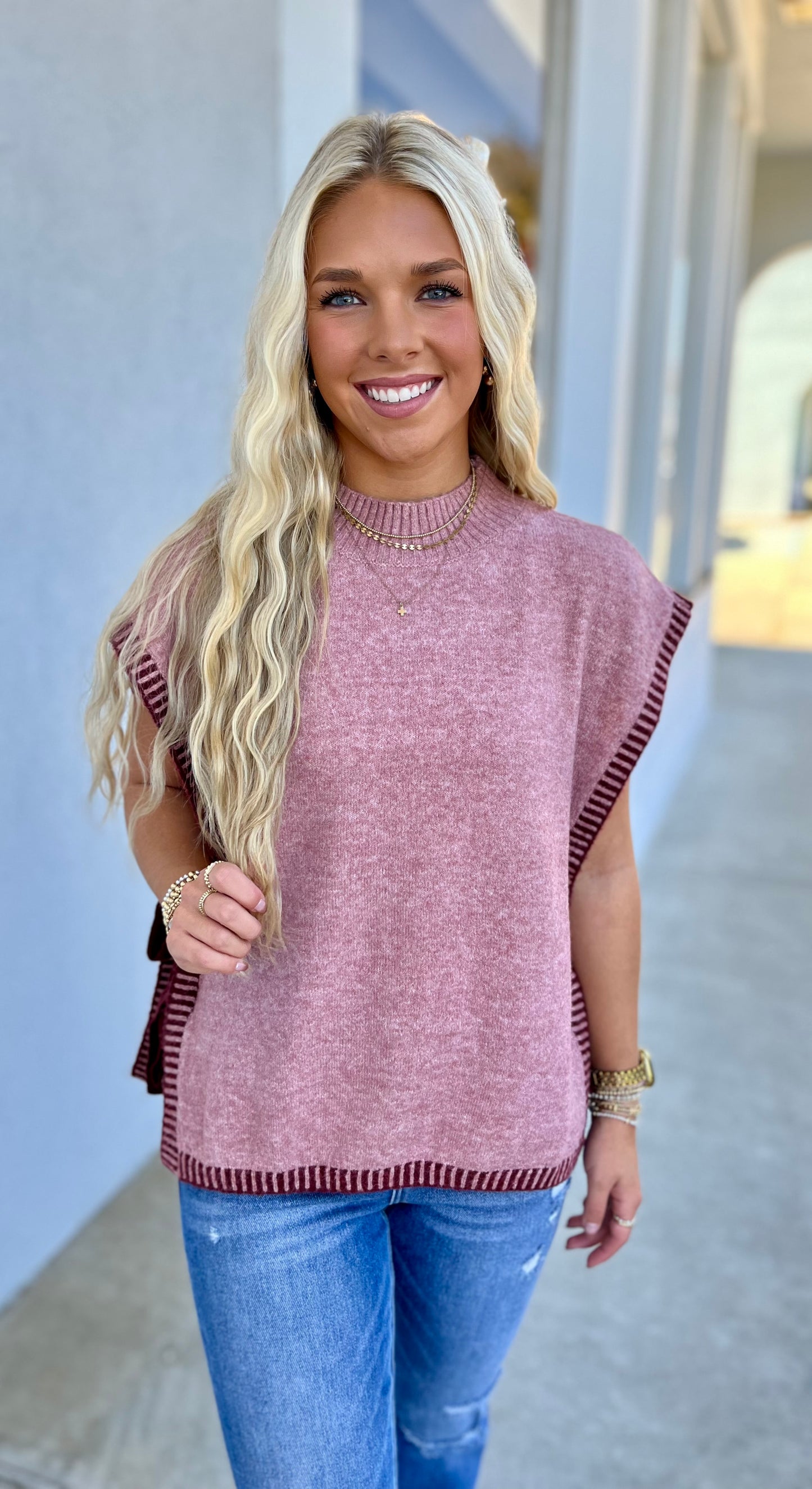 Side Tie Knit Sweater Vest, Blush