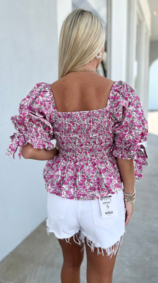 Pink Ditsy Floral Ruffle Hem Smocked Top