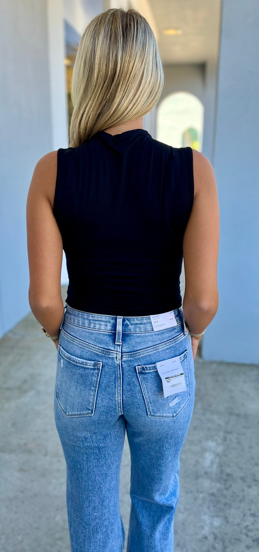 Mock Neck Ruched Sleeveless Top , Black