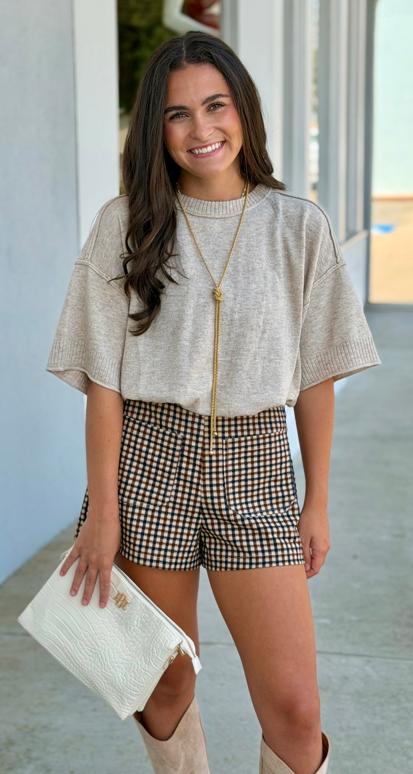 Oatmeal Drop Shoulder Short Sleeve Sweater