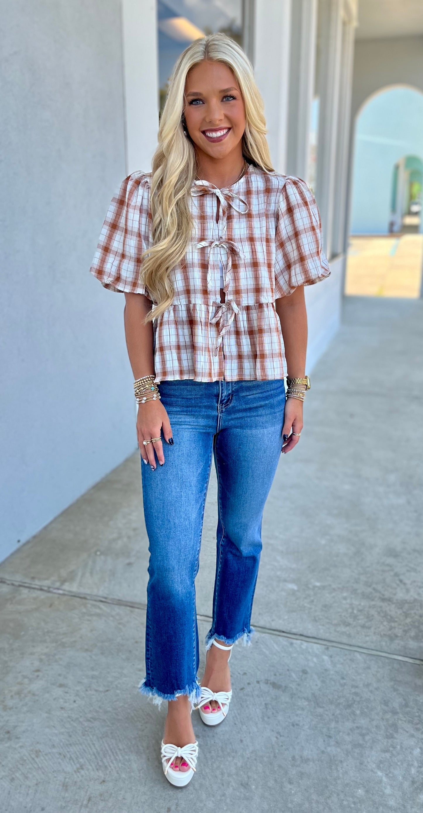 Brown Plaid Bubble Sleeve Top W Ties