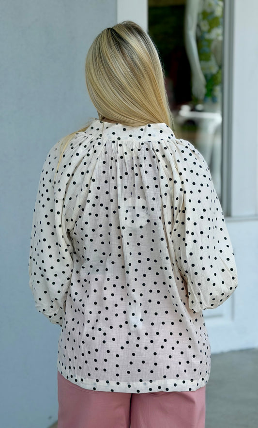 Cream Polka Dot Puff Sleeve Blouse