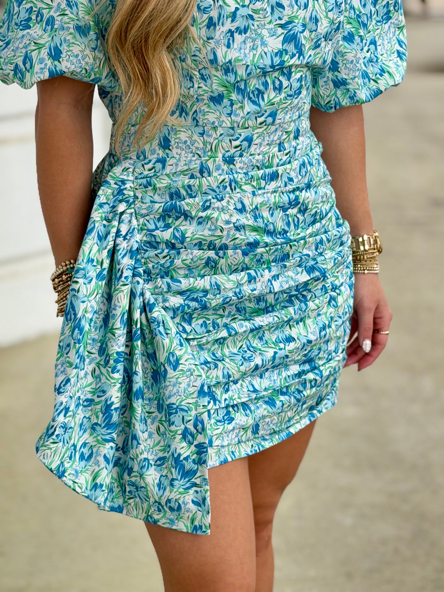 Ruched Blue Puff Sleeve Dress