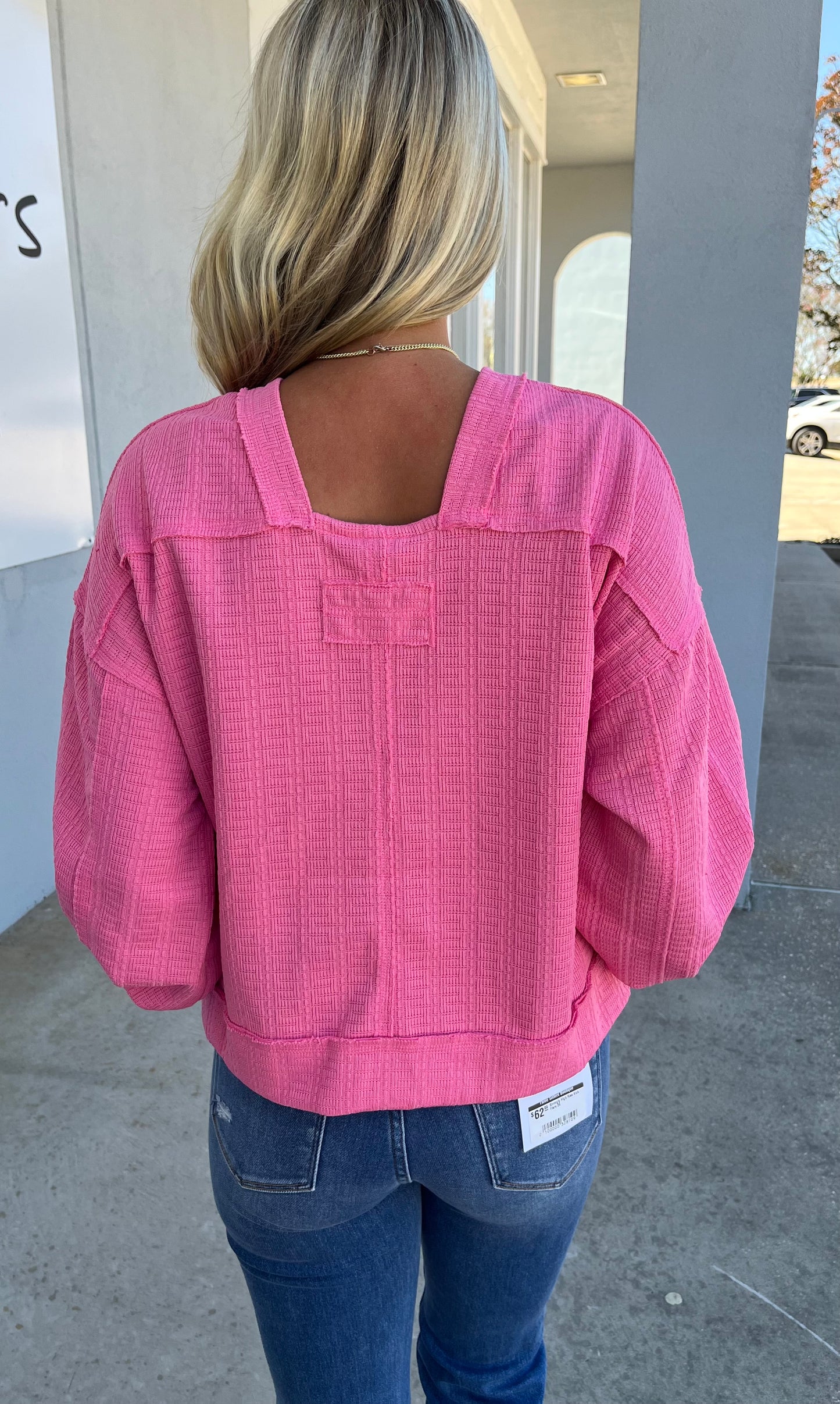 Raw Edge Textured Knit Top , Pink