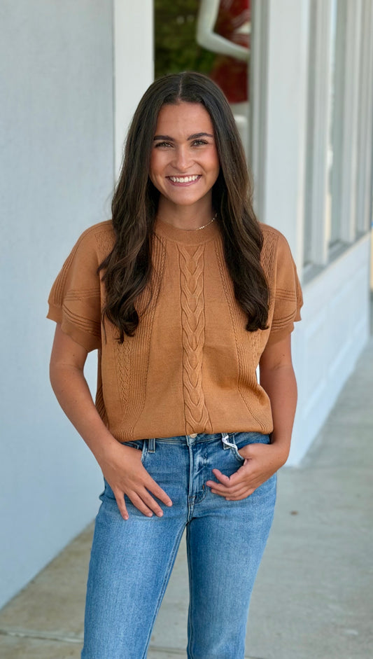 Camel Mixed Knit Short Sleeve Sweater