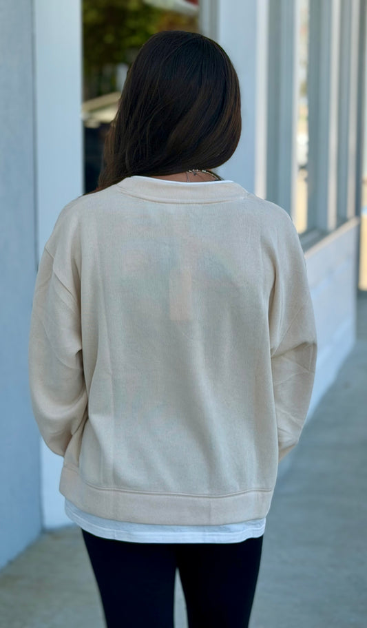 Cream Knit Cotton Crew Neck Sweatshirt
