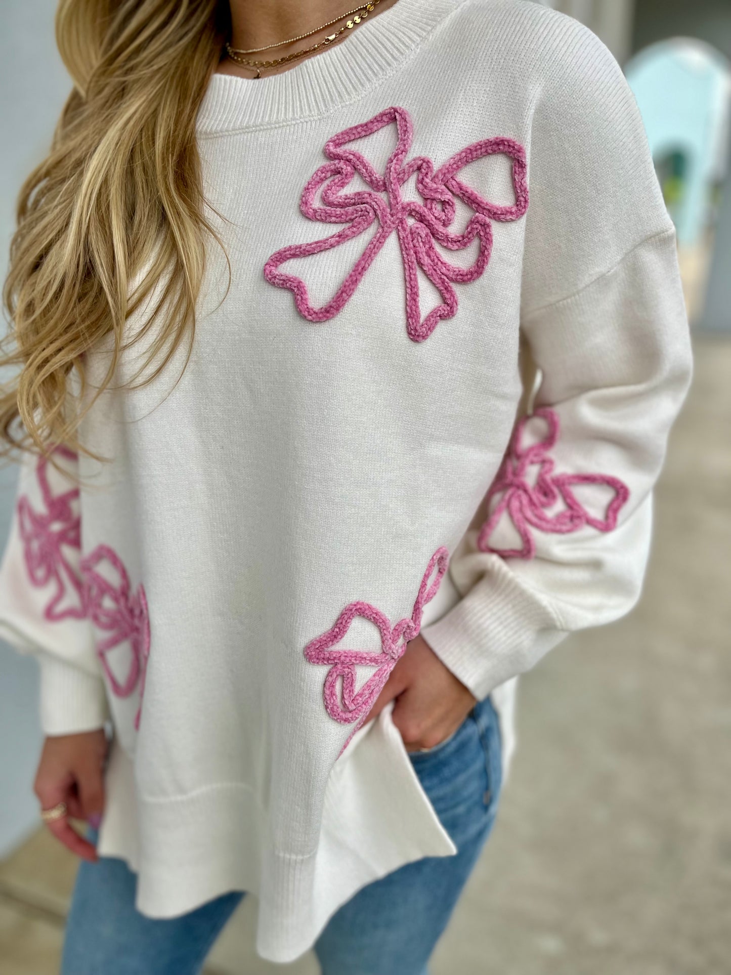 Cream Bow Embroidered Sweater Top