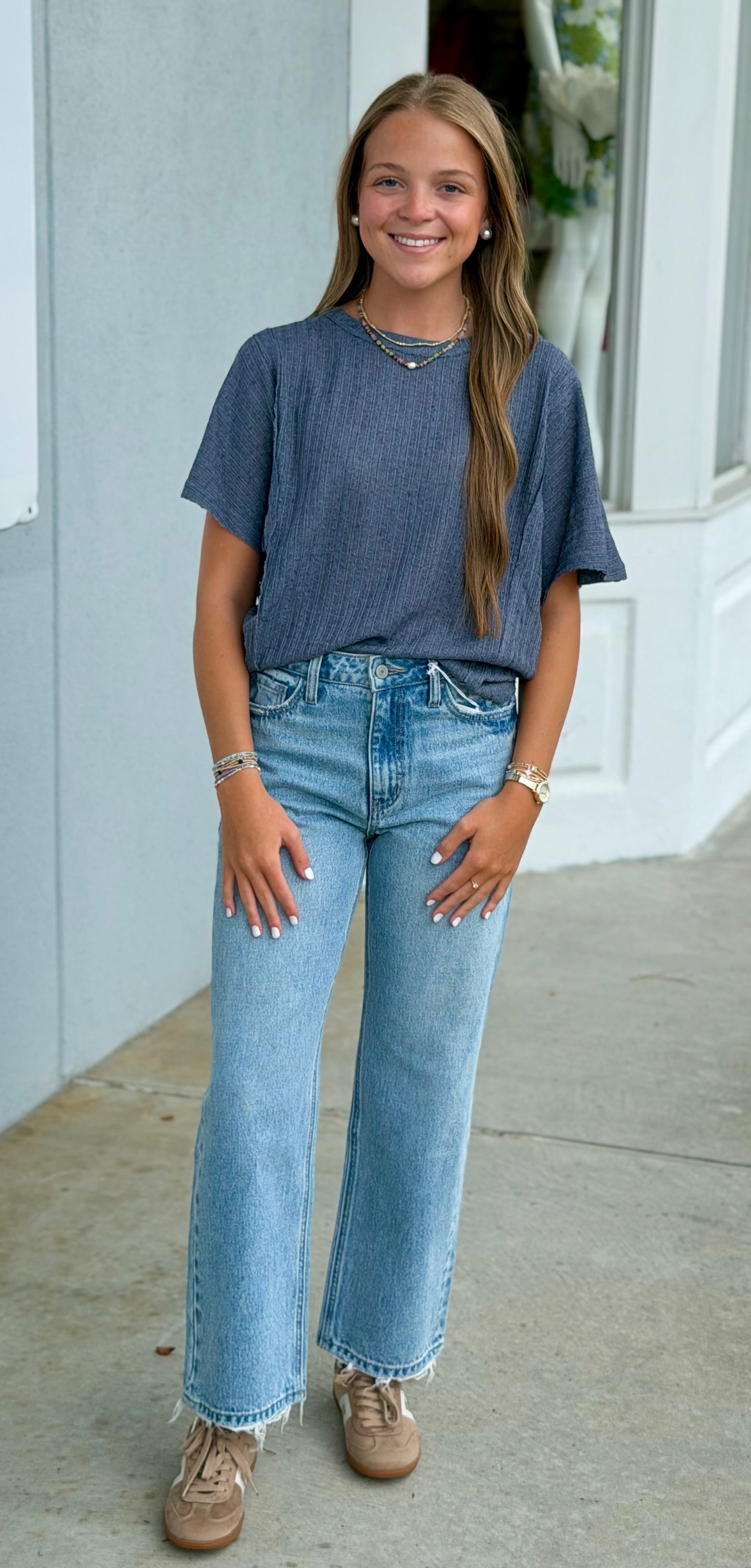 Raw Edge Exposed Seam Crop Top, Ash Blue