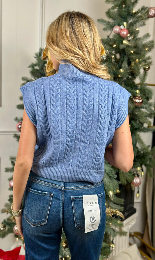 Denim Textured Mock Neck Sweater Top