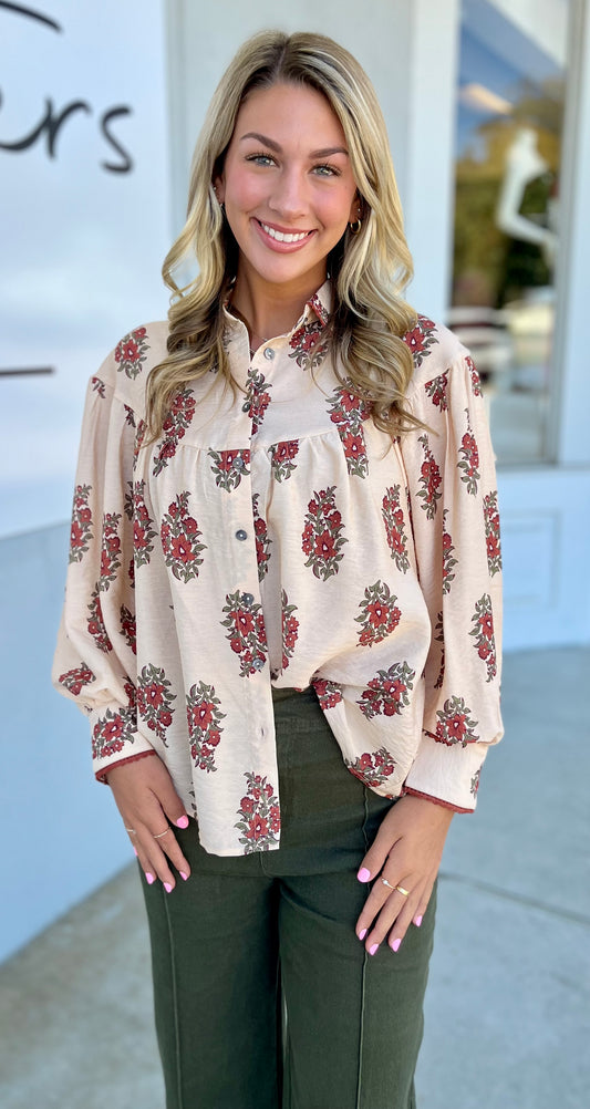 Ecru Floral Button Down Top