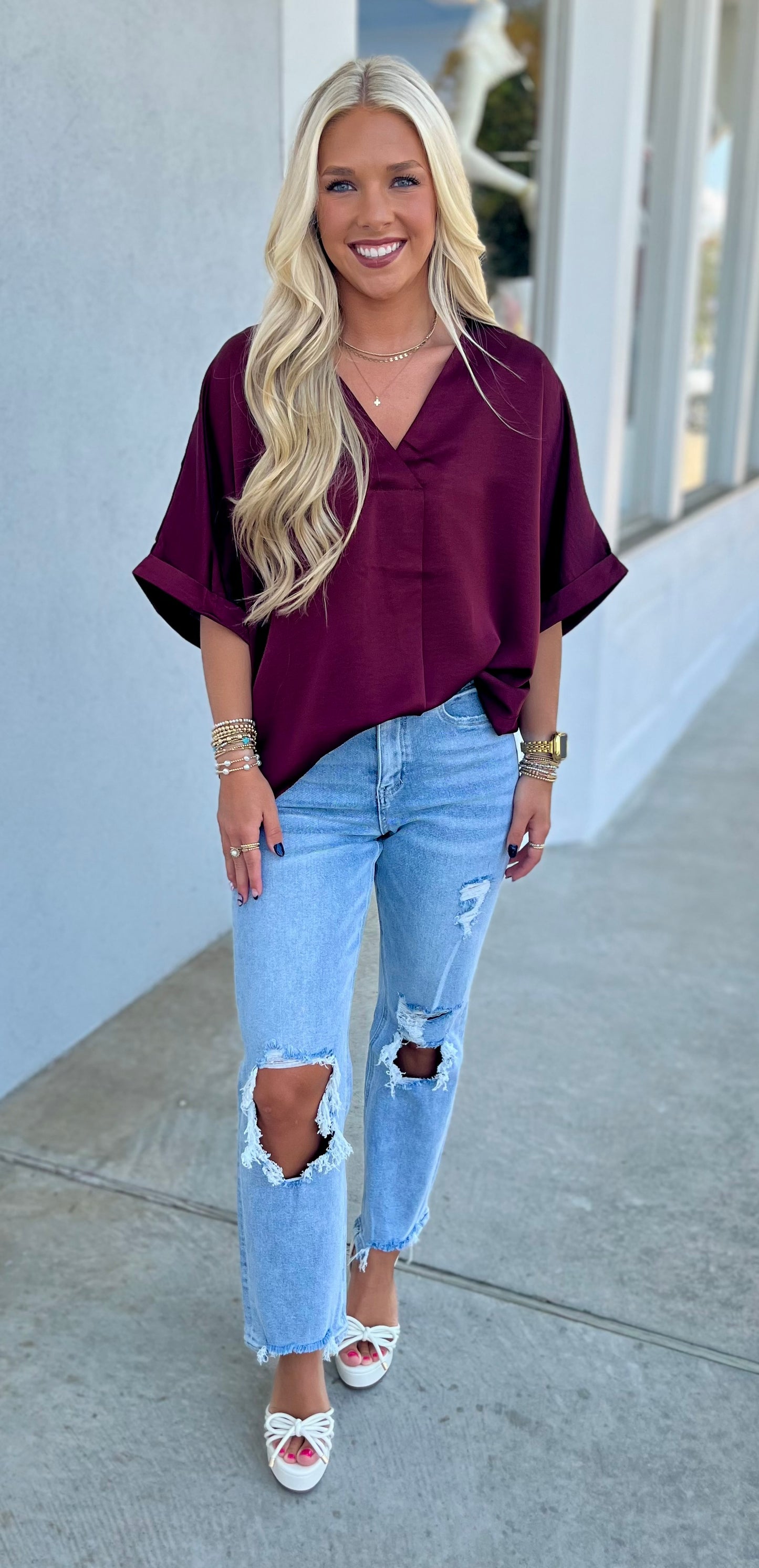 Burgundy V Neck High Low Blouse