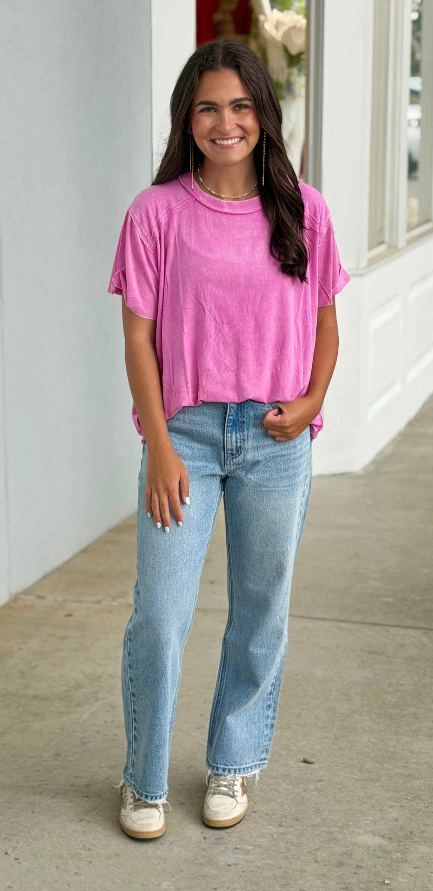 Washed Ribbed Boat Neck Top, Candy Pink