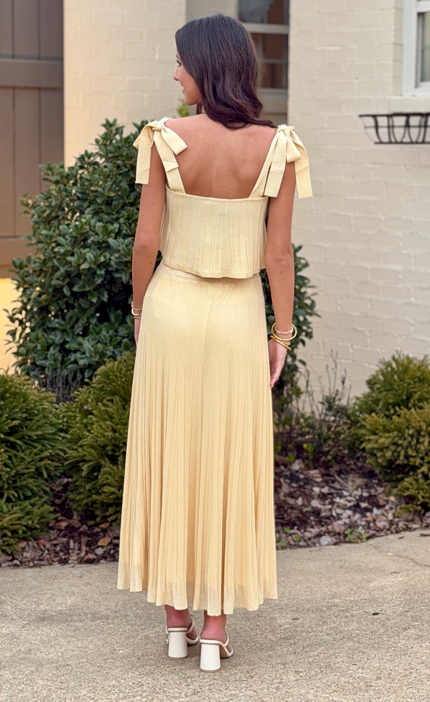 Yellow Pleated Knit Top And Midi Skirt SET