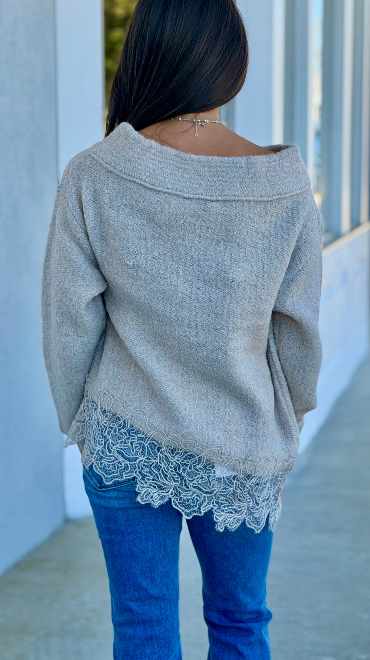Mocha Off The Shoulder Lace Sweater
