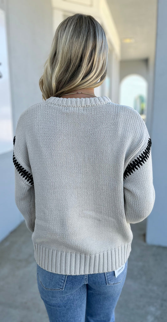 Oatmeal Crewneck Sweater With Black Seam