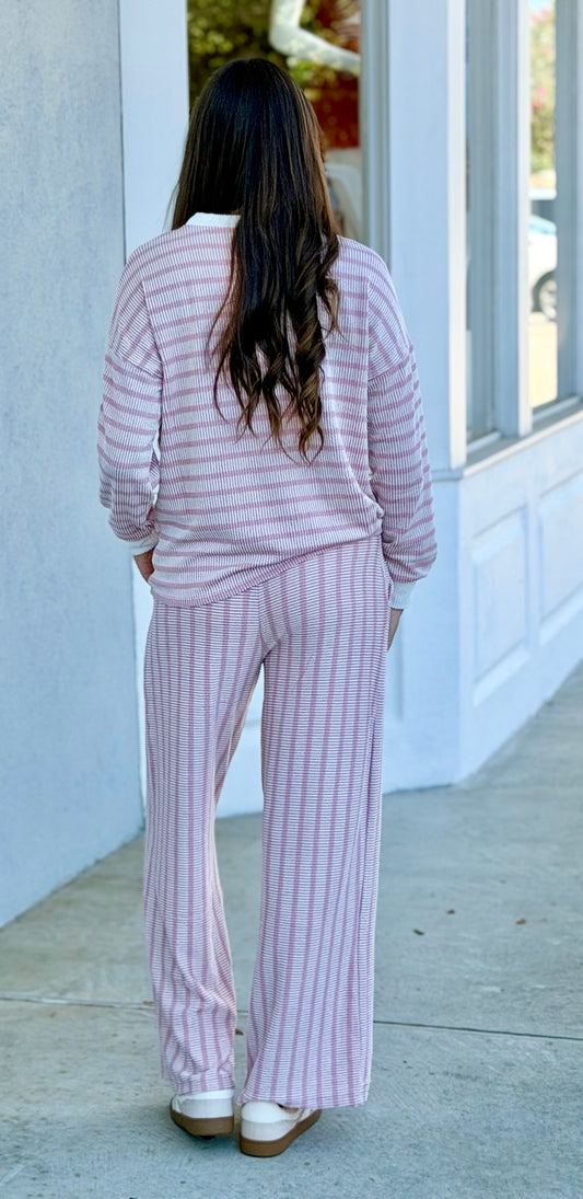 Raised Rib Striped Pullover & Pants SET, Ash Rose