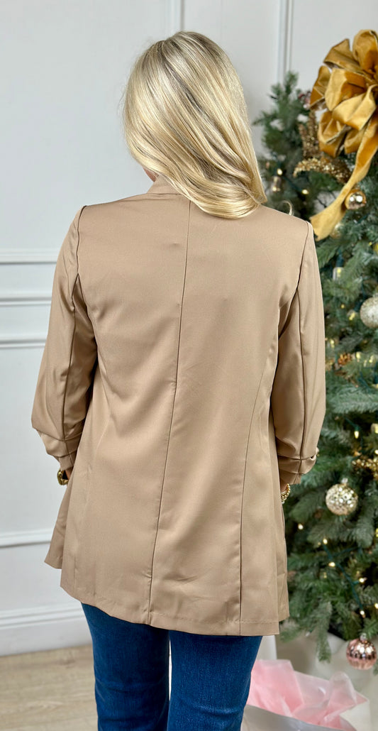 Khaki Collarless 3/4 Ruched Sleeve Blazer