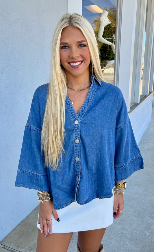 Denim Mineral Washed Back Pleat Button Down Top