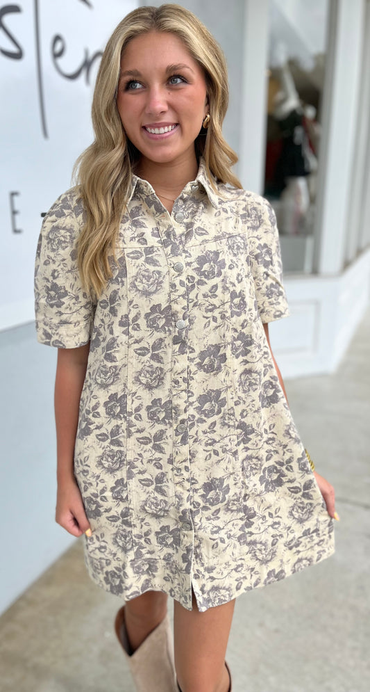 Taupe Floral Print Denim Dress