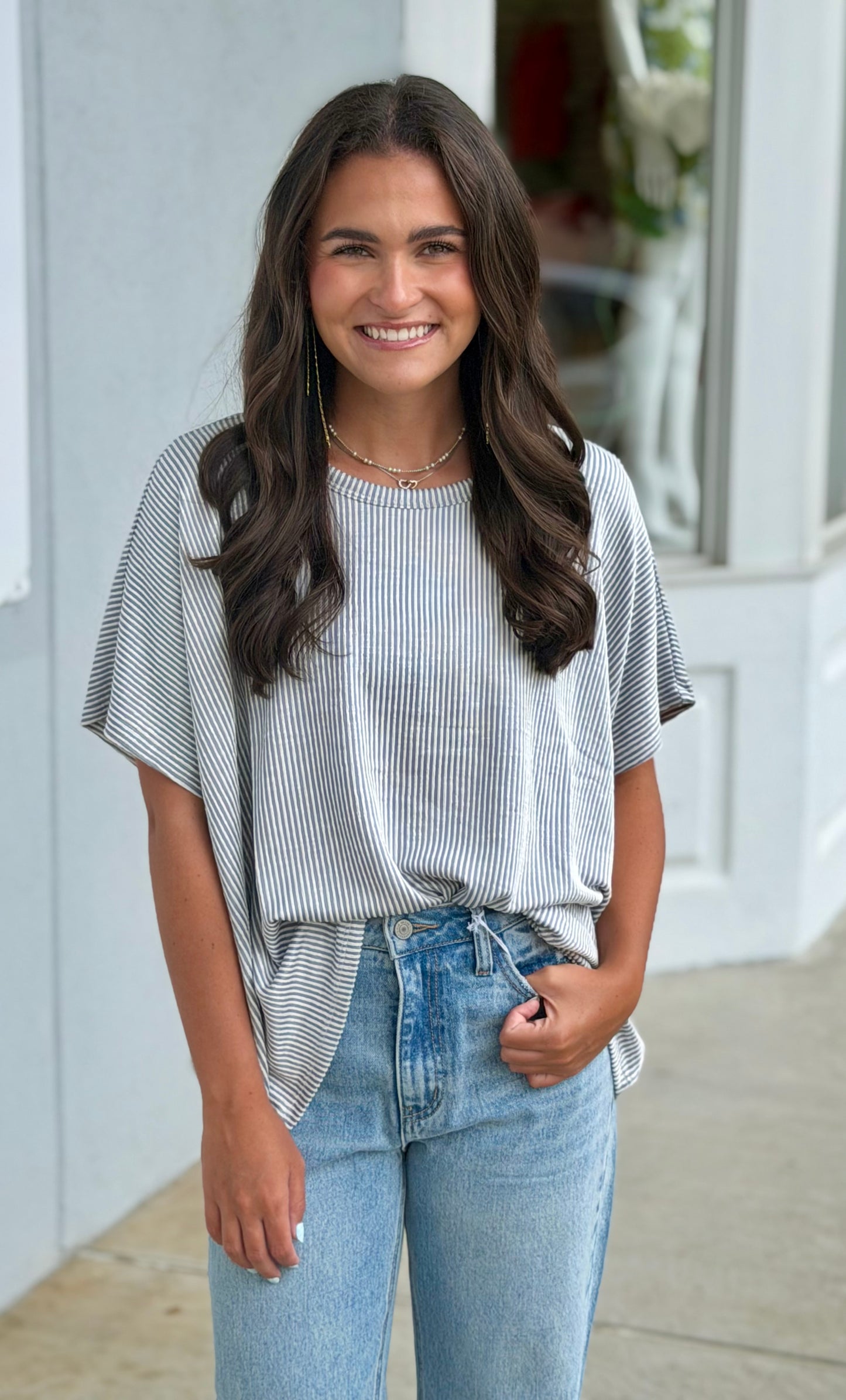 Ribbed Striped Oversized Top, Sleet
