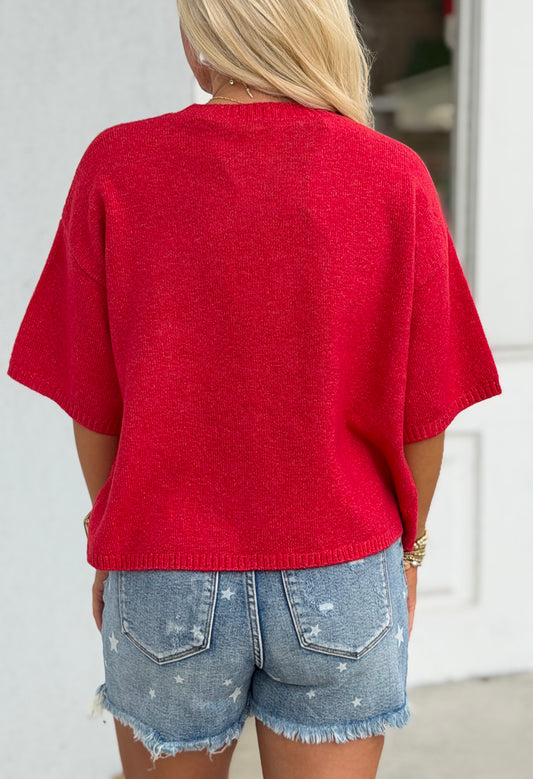 Short Sleeve Crew Neck Boxy SweaterTop, Red