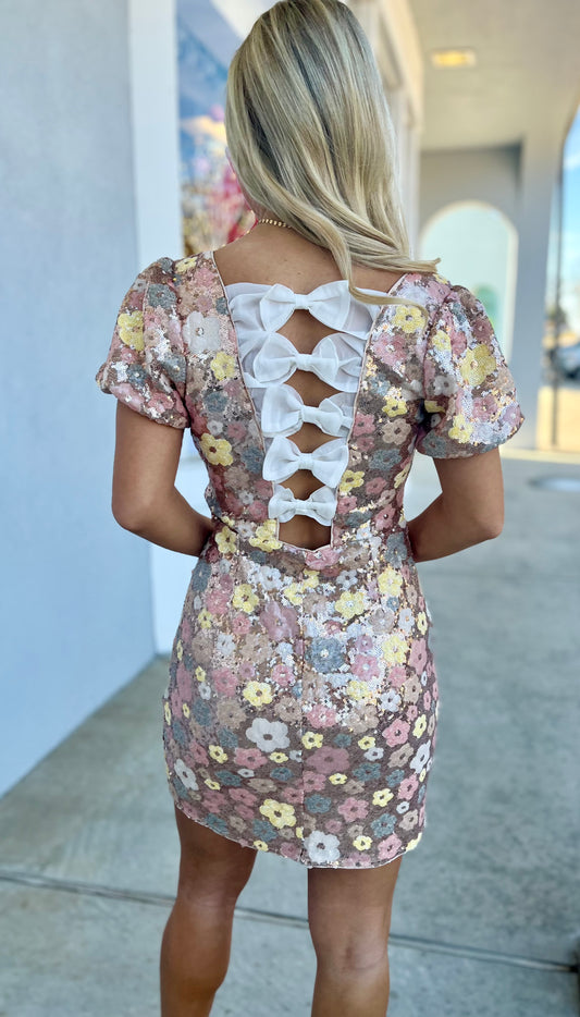 Floral Sequin Mini Dress W Bows