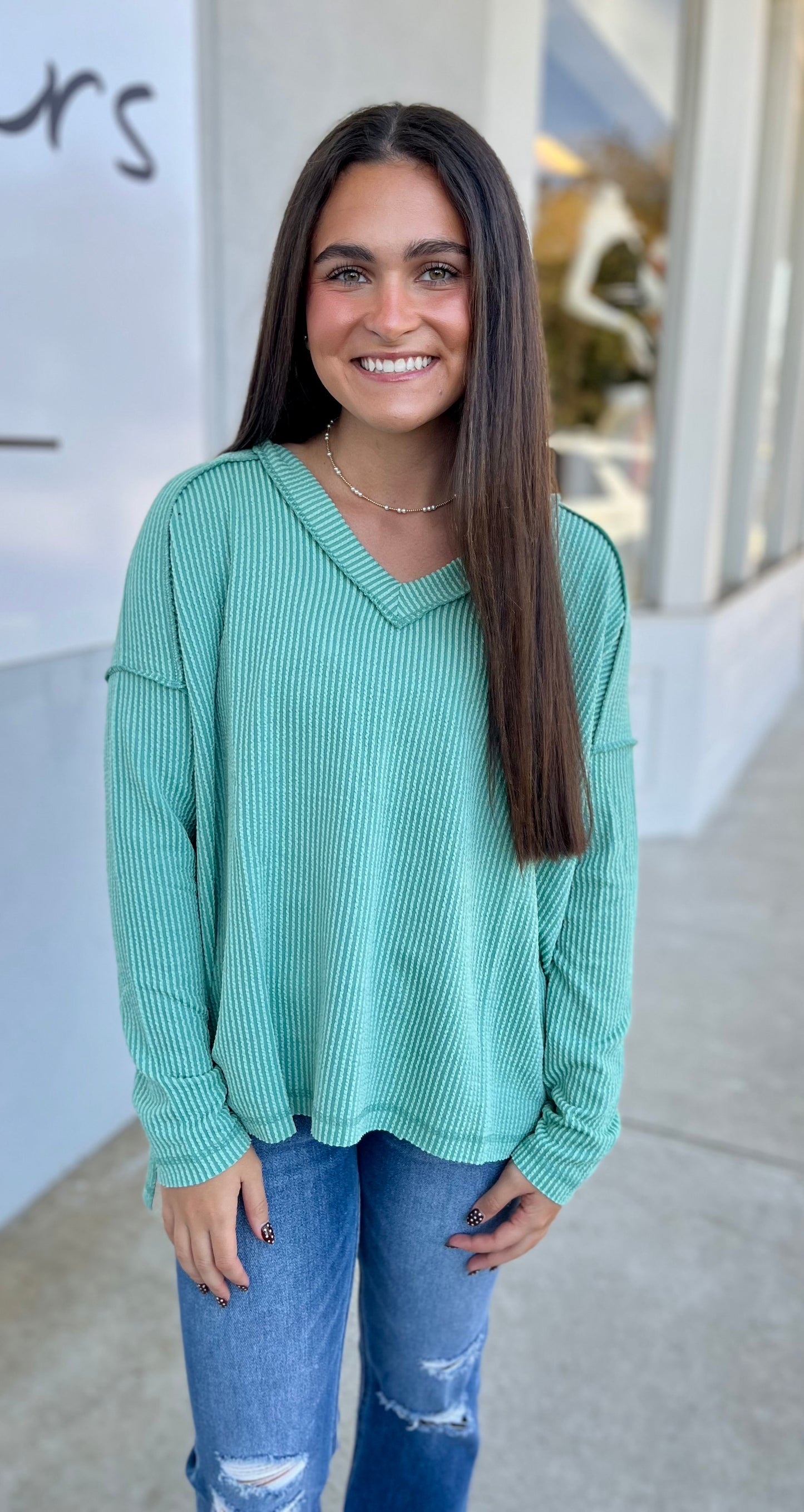 Corded Rib Long Sleeve V Neck Top, Lt Jade