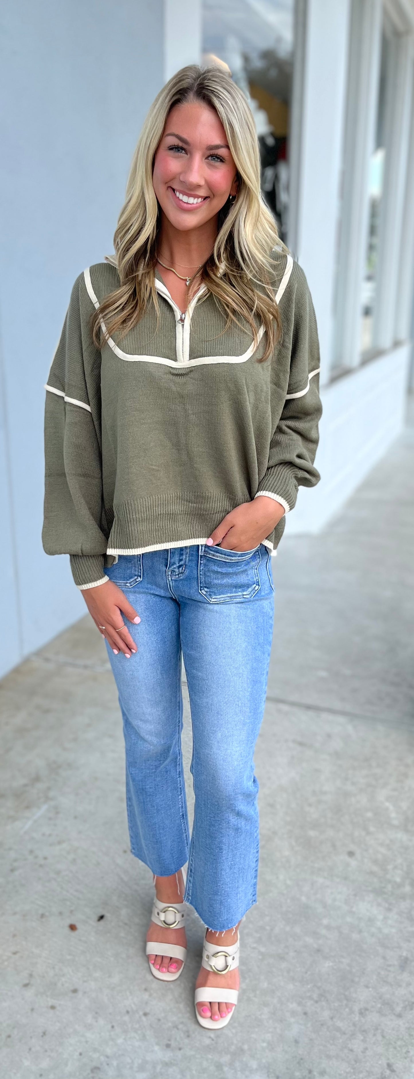 Olive Contrast Binding Half Zip Sweater