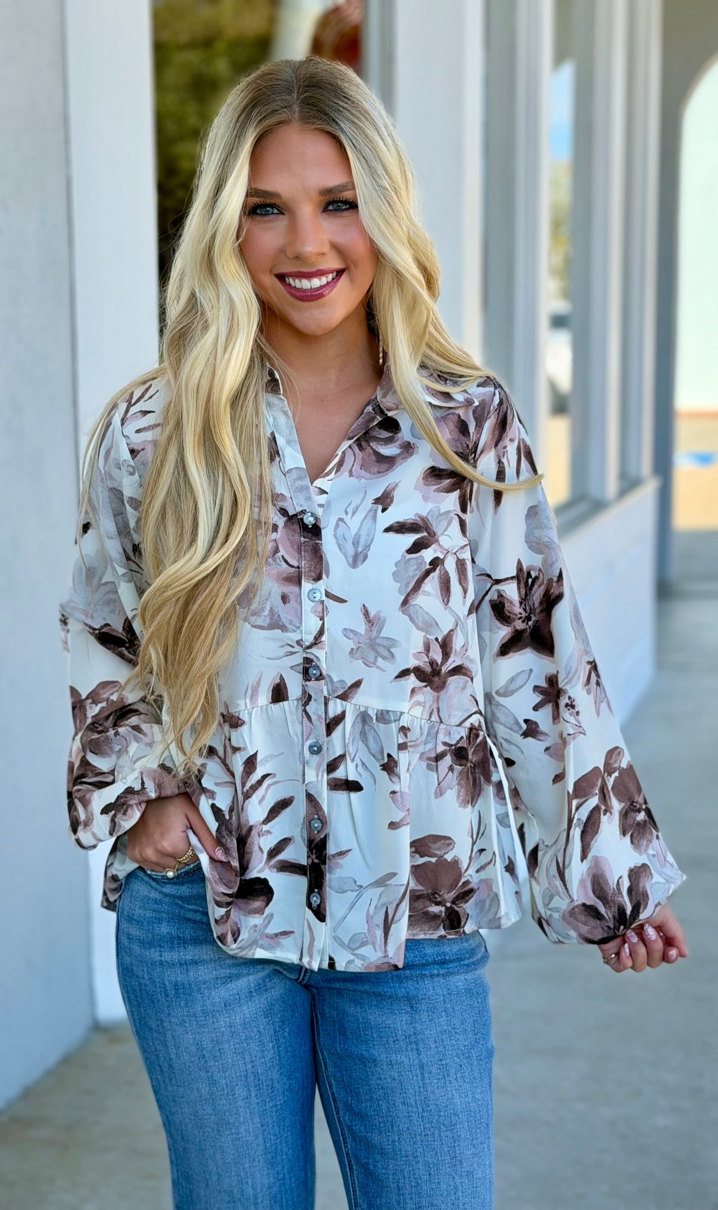 Cream Woven Print Collared Button Down Top