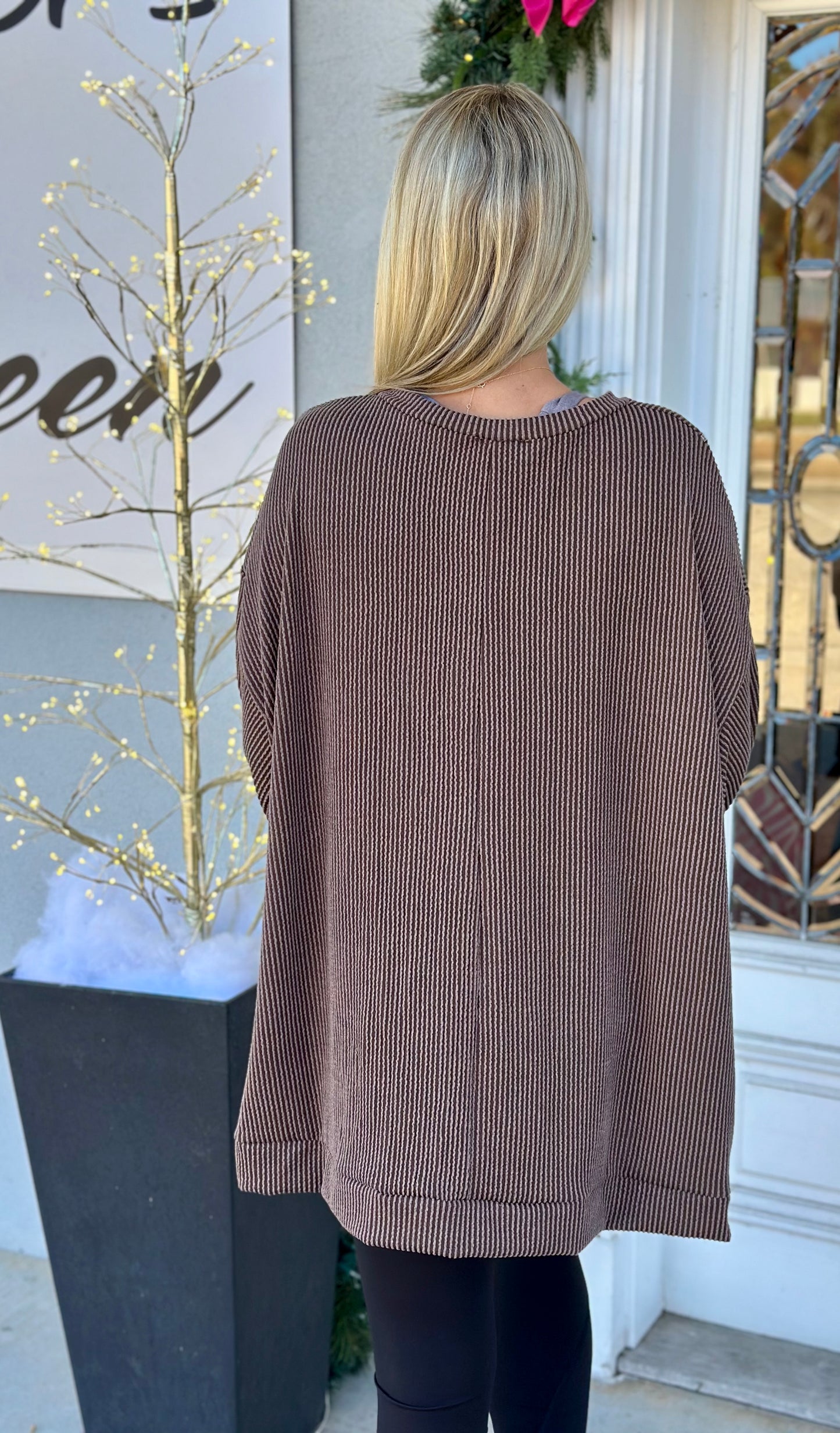 Brown Ribbed Contrast Thread Sweater