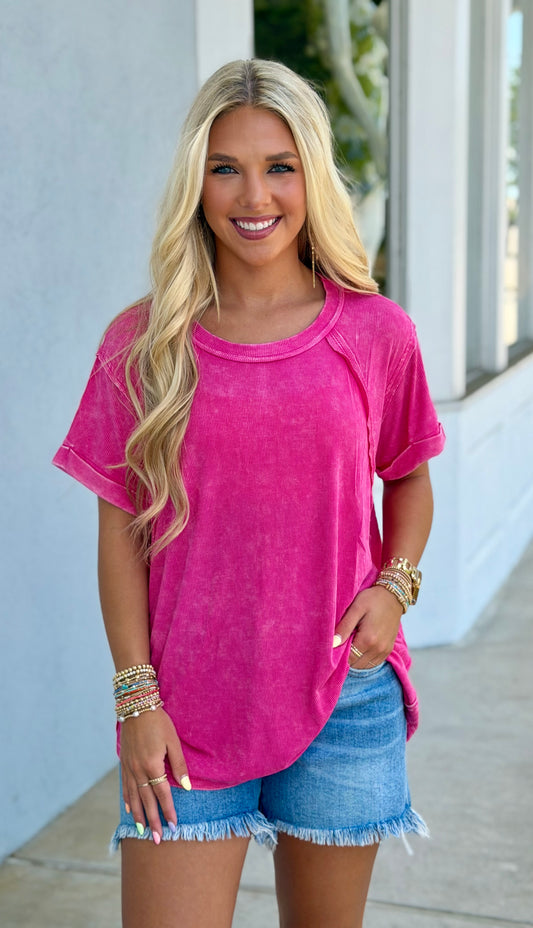 Washed Ribbed Cuffed Round Neck Tee, Hot Pink