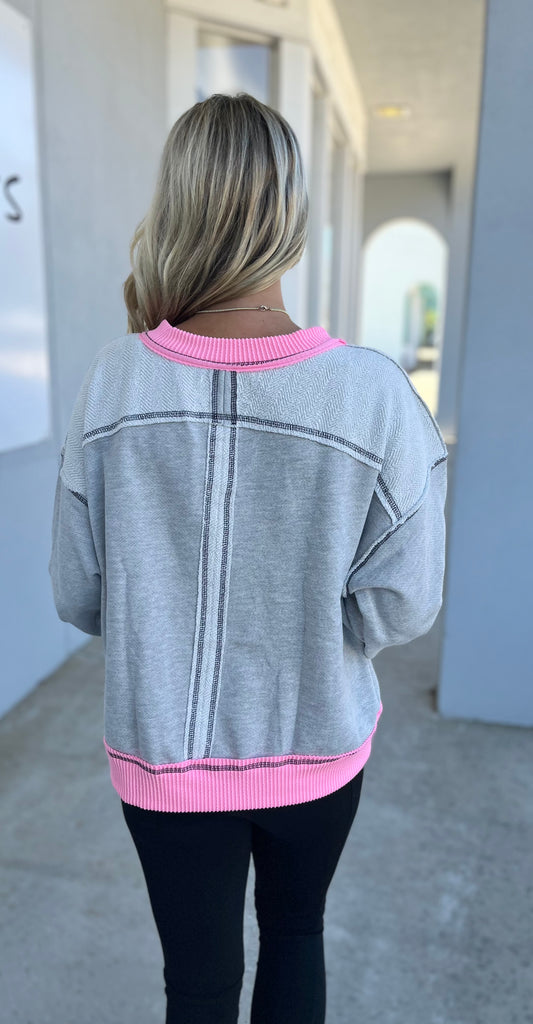 H Grey/Pink Contrast Pullover