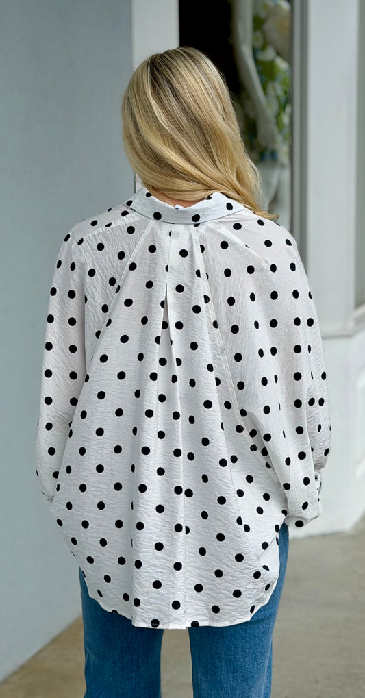 Polka Dot Button Down Top, White/Black