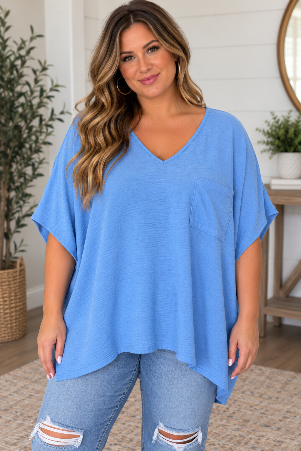 Plus Woven Airflow V Neck Top, Cornflower Blue