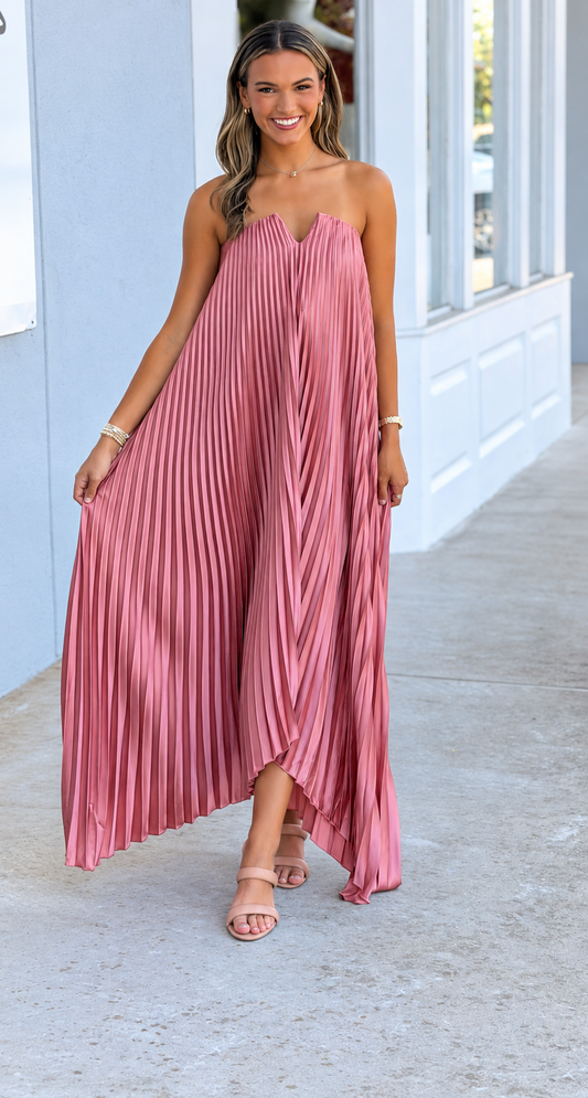 Hazel Satin Strapless Pleated Colum Dress