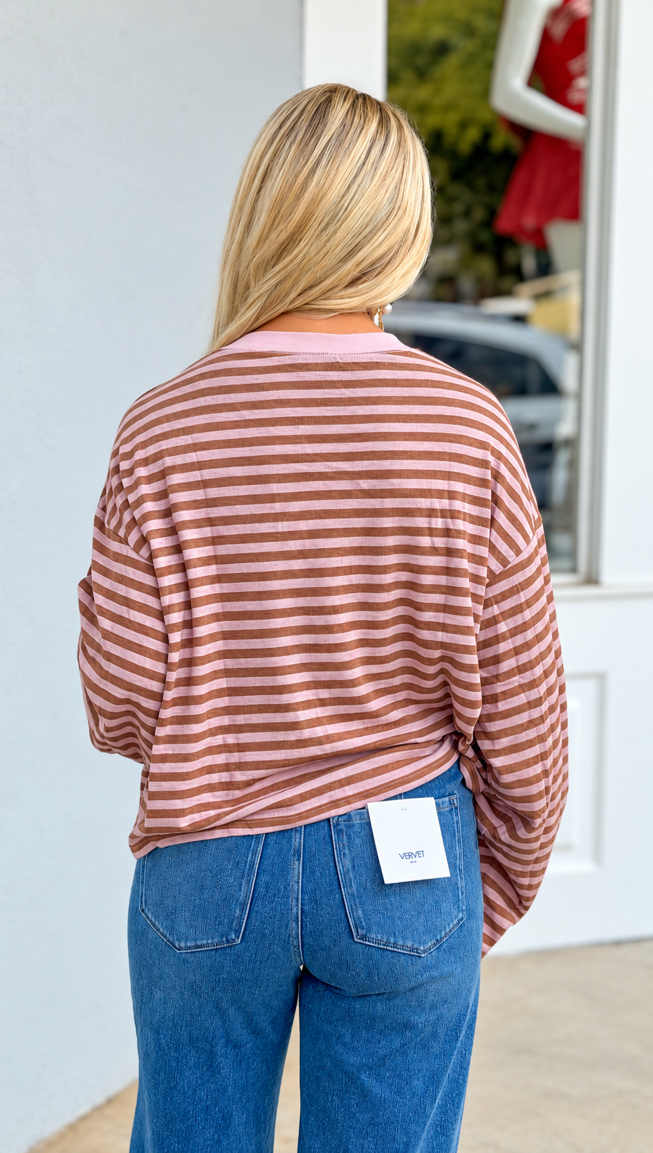 Striped Knit Long Sleeve Top, Pink/Brown