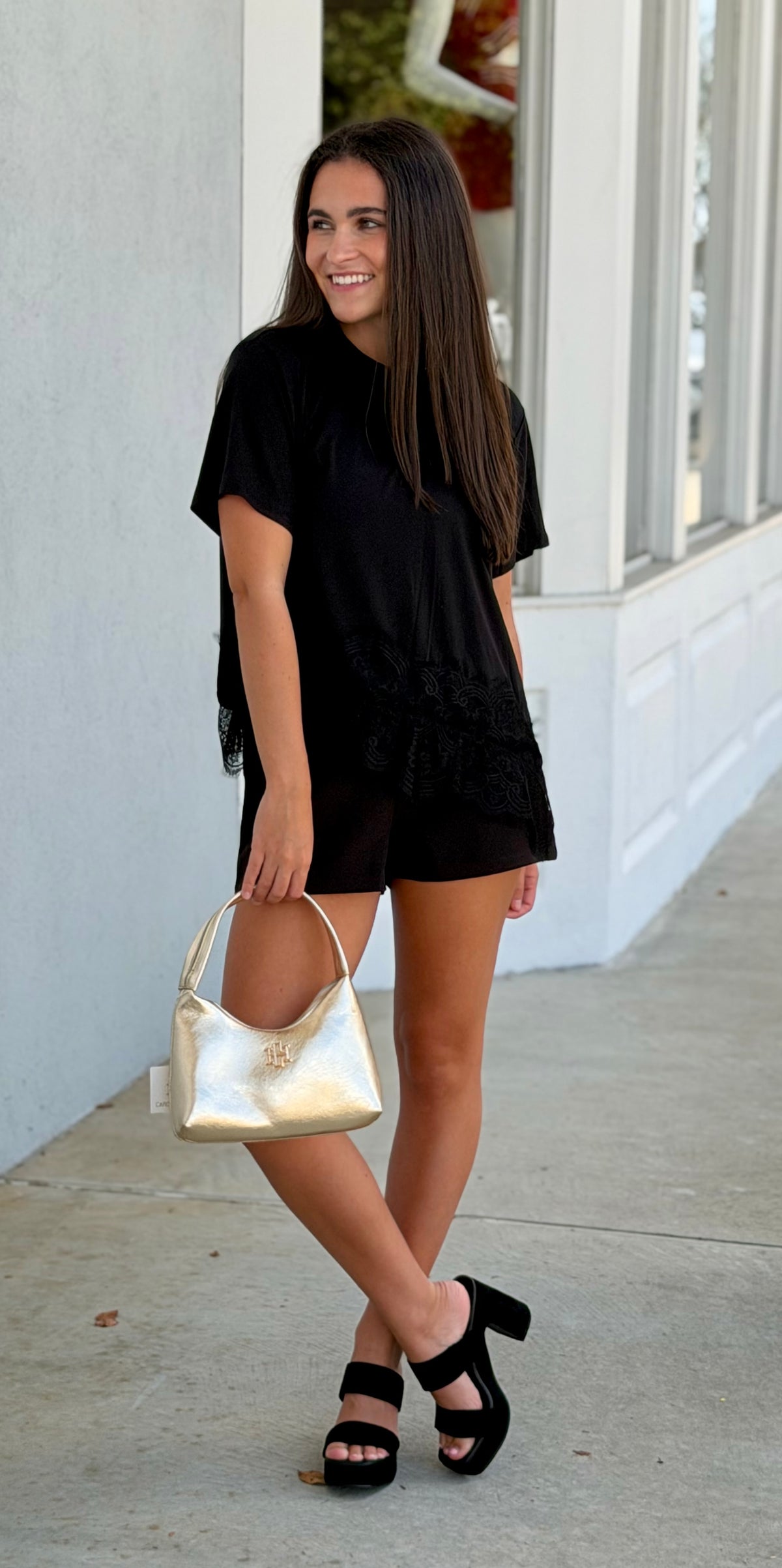 Asymmetrical Lace Trim Top , Black