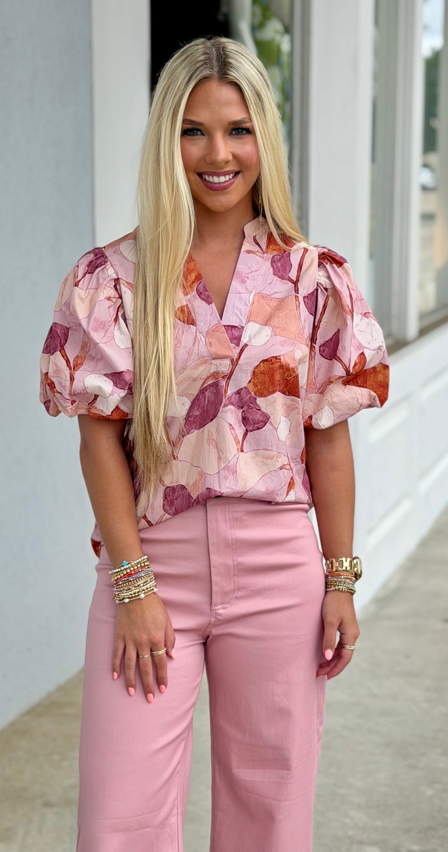 Pink Floral V Neck Puff Sleeve Top