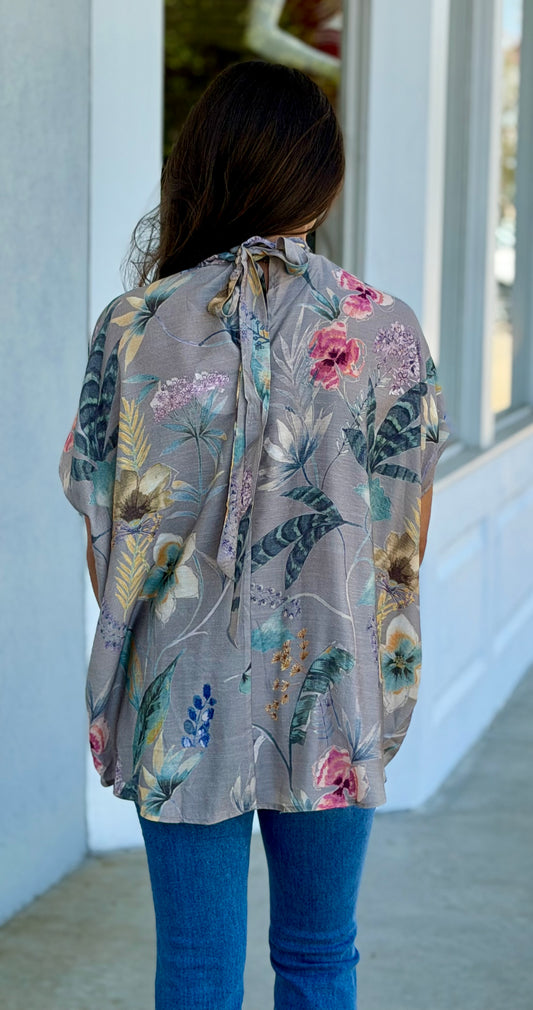 Silver Tropical Floral Mock Neck Blouse